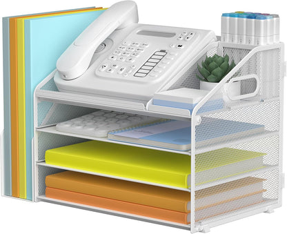DocNest 4 Tier Metal Mesh Letter Tray - Space Saving Desk File Organizer with Handle, Pen Holder & Folder Holder - Desktop Document Sorter for Office, Home, School, Classroom - Black