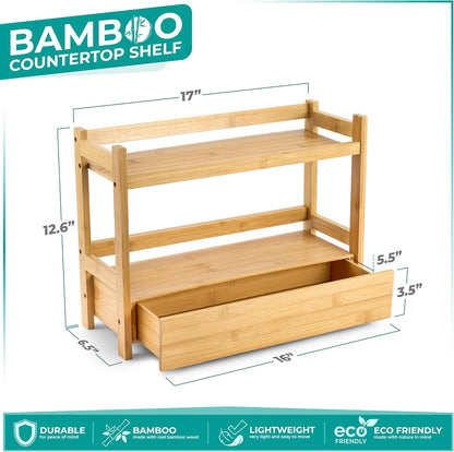 Sorbus Bamboo Bathroom Counter Organizer – 2-Tier Shelf with Hidden Drawer for Vanity, Matcha Station, Bathroom Sink Organizer Countertop, Kitchen & Office Storage (13″ L x 6.5″ W x 12.6″ H)