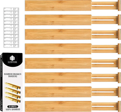 Expandable Bamboo Drawer Dividers 8 pack with labels(17"-22") Drawer Organizer for Kitchen, Clothes,Utensils,Silverware,Dresser,Office,Desk