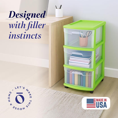 HOMZ Drawer Tower, 3-Tier Rolling Storage Cart with Removable Wheels, White Frame – Plastic Organizer with Clear Bin Drawers for Bedroom, Bathroom, Home Office, and Dorm Room