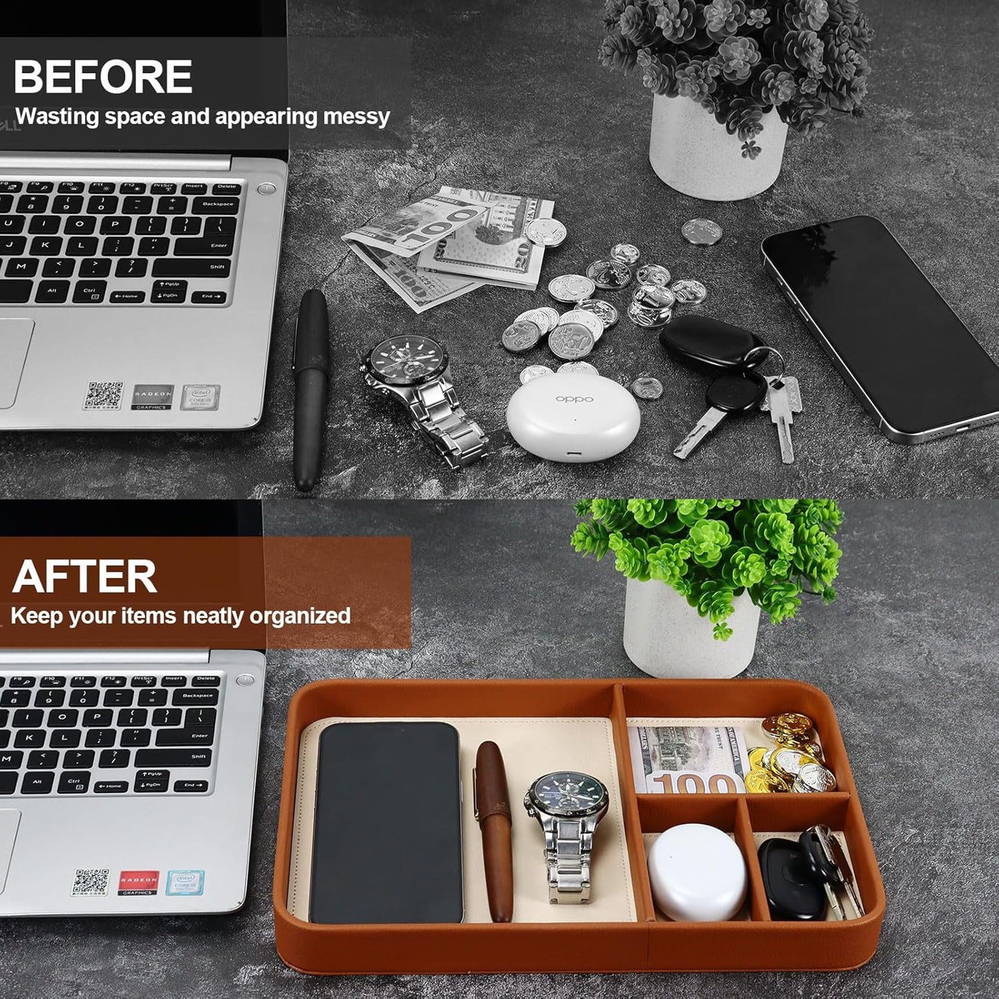 Buqoo PU Valet Tray for Nightstand & Desk – Multipurpose EDC Catchall Organizer for Phones, Watches, Keys & Accessories, Brown