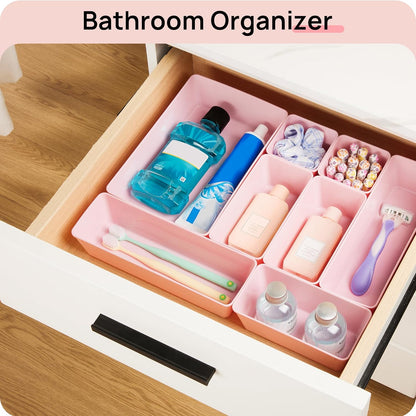 Vtopmart 44 PCS Clear Plastic Drawer Organizers Set, 4-Size Versatile Bathroom and Vanity Organizer Trays, Non-Slip Storage Containers for Makeup, Jewelries, Bedroom，Kitchen Utensils and Office