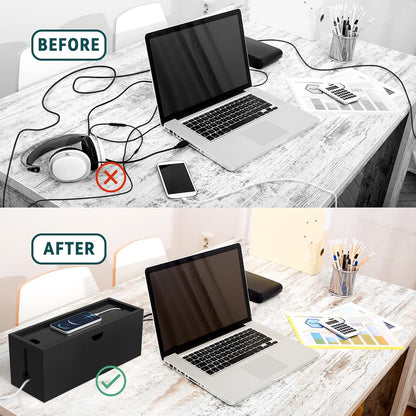 Bamboo Cable Management Box, Large Cord Organizer Box Cable Box to Hide Wires & Power Strips for Desktop Storage Cord Holder for Office Home,No Assembley Required (All White, Large)