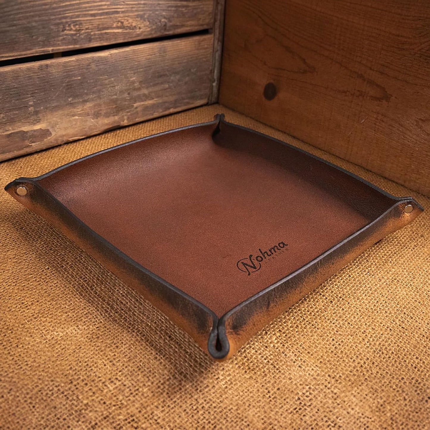 Valet Tray – Full-Grain Leather Catchall Organizer for Keys, Phone & Wallet – Rustic Nightstand & Desk Tray with Raised Sides – Handmade in USA (Vintage Brown, Small Rectangle)