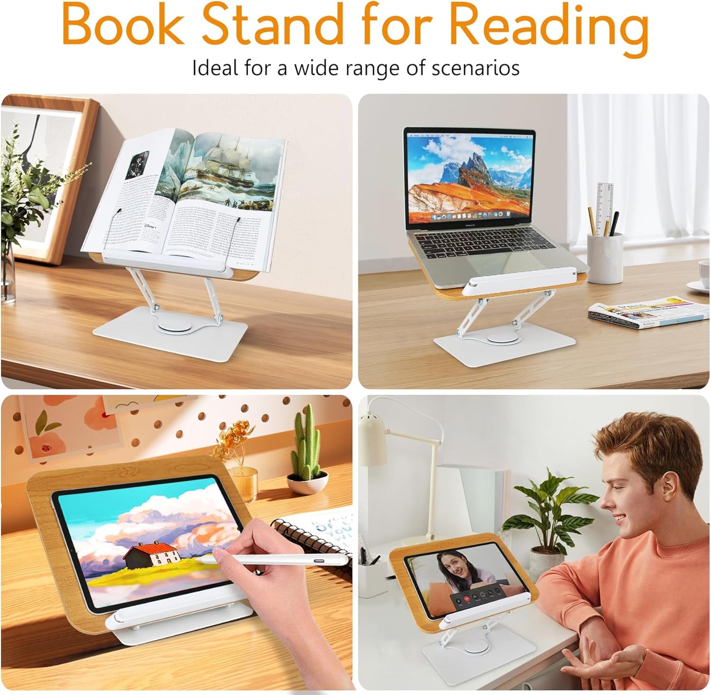 trophable Book Stand for Reading Cookbook Stand Book Holder with 360 Rotating Base Page Clips Book Display Stand for Recipe Sheet Music Laptop Drawing Tablet