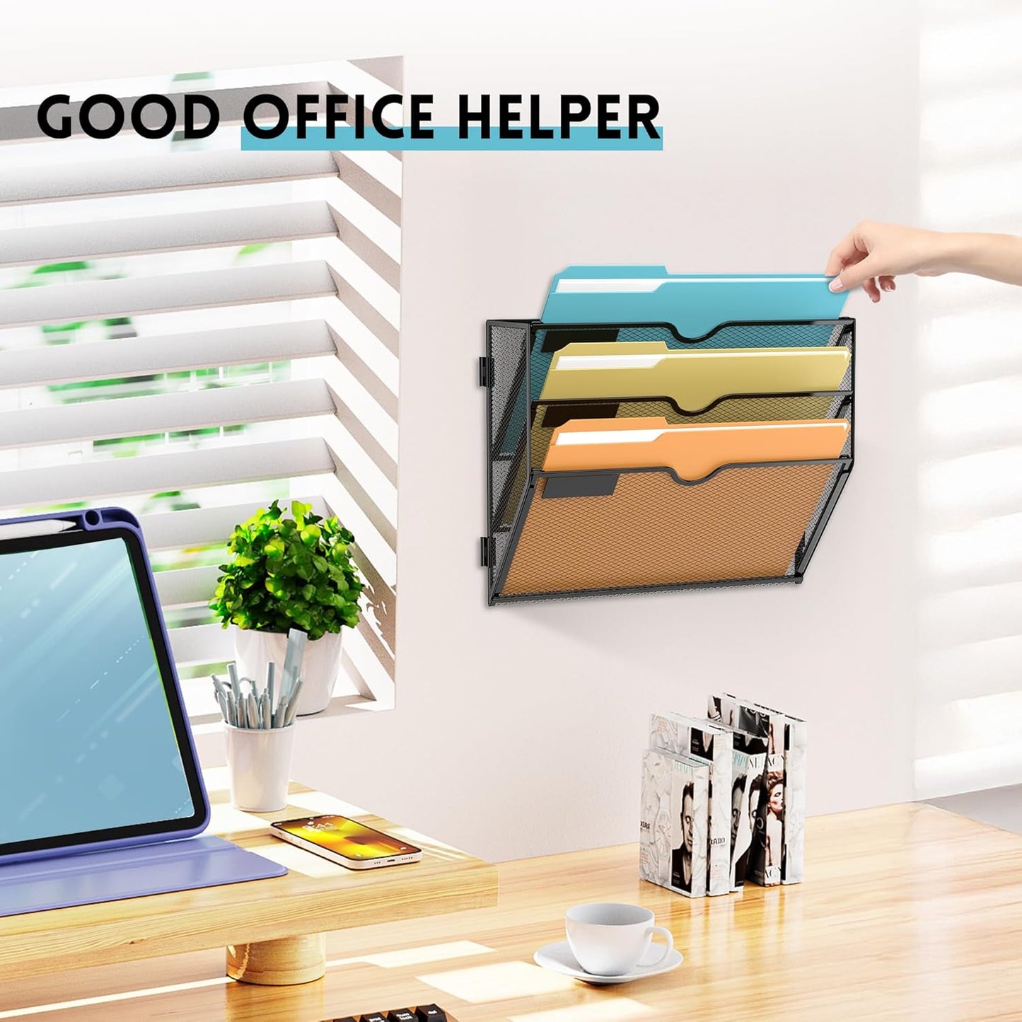SUPEASY 5 Tier Wall File Organizer, Hanging Wall Mounted Mail Organizer with Label Slots, Metal Mesh File Holder Magazine Rack for Office, Home, School or Classroom, Black
