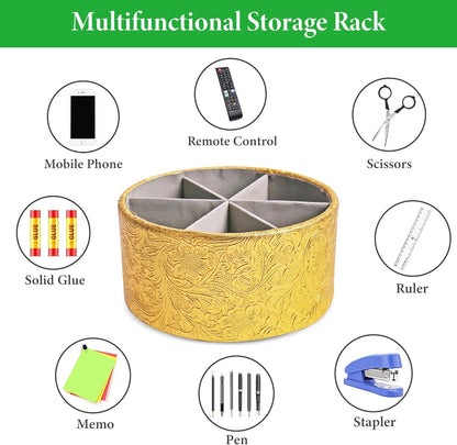 lizimandu Round Leather Art Supply Organizer,Remote Control Holder,360 Degree Spinning,Multi-Functional Pencil Holder,4 Compartments Desktop Stationary Organizer(1-Gold) - Colors A