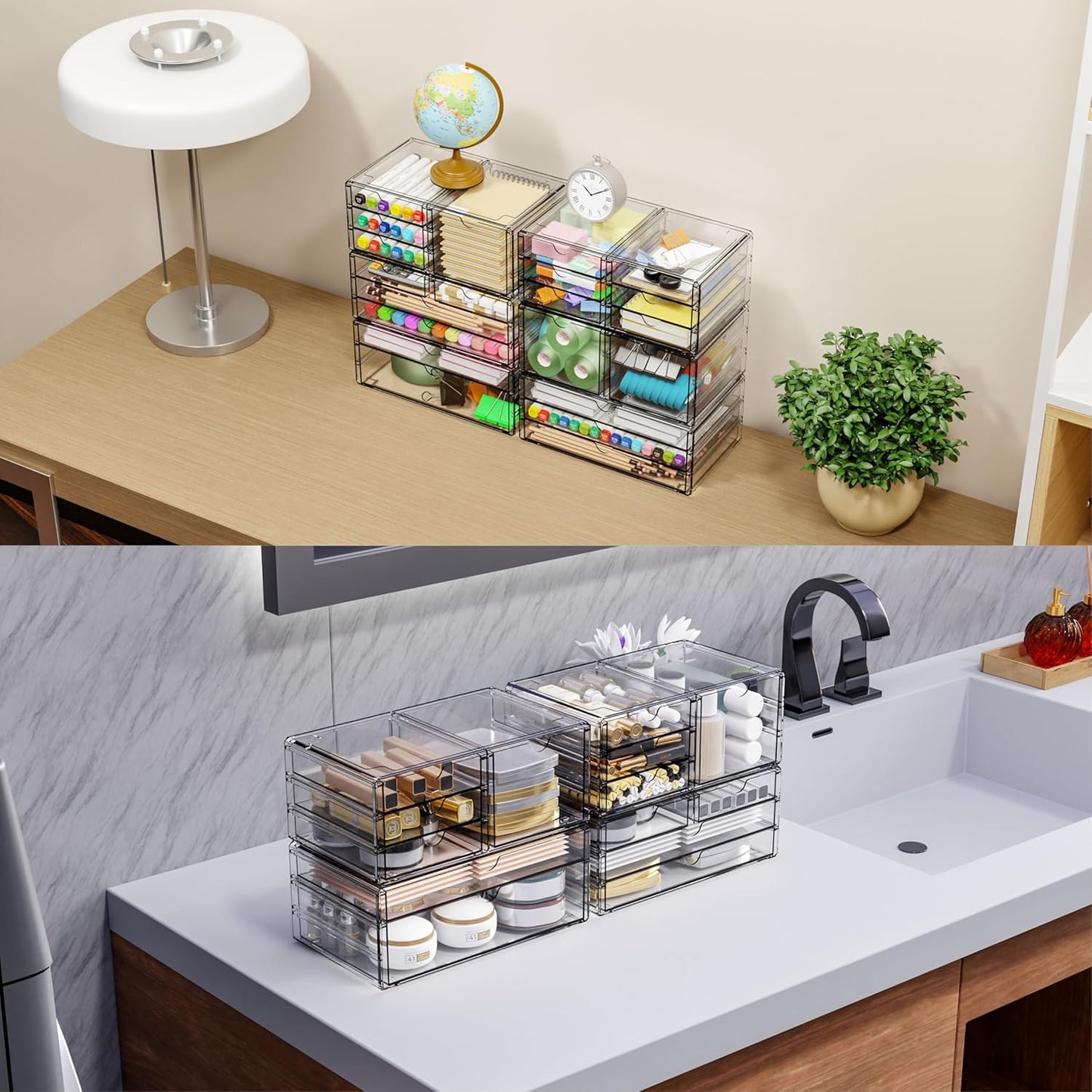 Yieach 2 Pack Acrylic Storage Drawers With 6 Drawers,Stackable Desk Organizer and Makeup Organizer,Large Clear Office Supplies Organizer for Pen,Stationary,Palettes,Arts Craft Organizers and Storage
