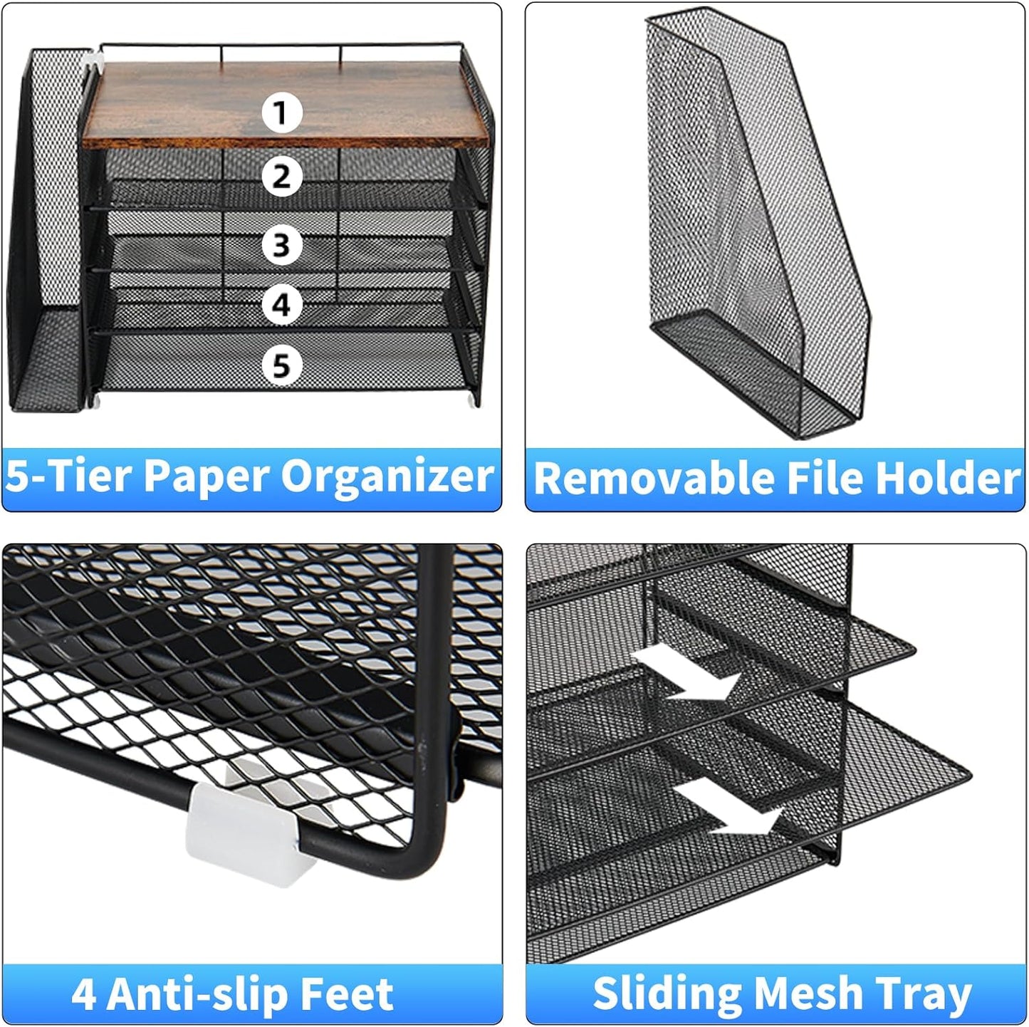 OPNICE Desk Organizer, 5-Tier Paper Organizer Letter Tray with Magazine Holder, Office Desk Accessories & Workspace Organizers, Desktop File Organizer for Office Supplies Storage, Black