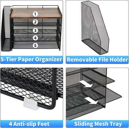 OPNICE Desk Organizer, 5-Tier Paper Organizer Letter Tray with Magazine Holder, Office Desk Accessories & Workspace Organizers, Desktop File Organizer for Office Supplies Storage, Black