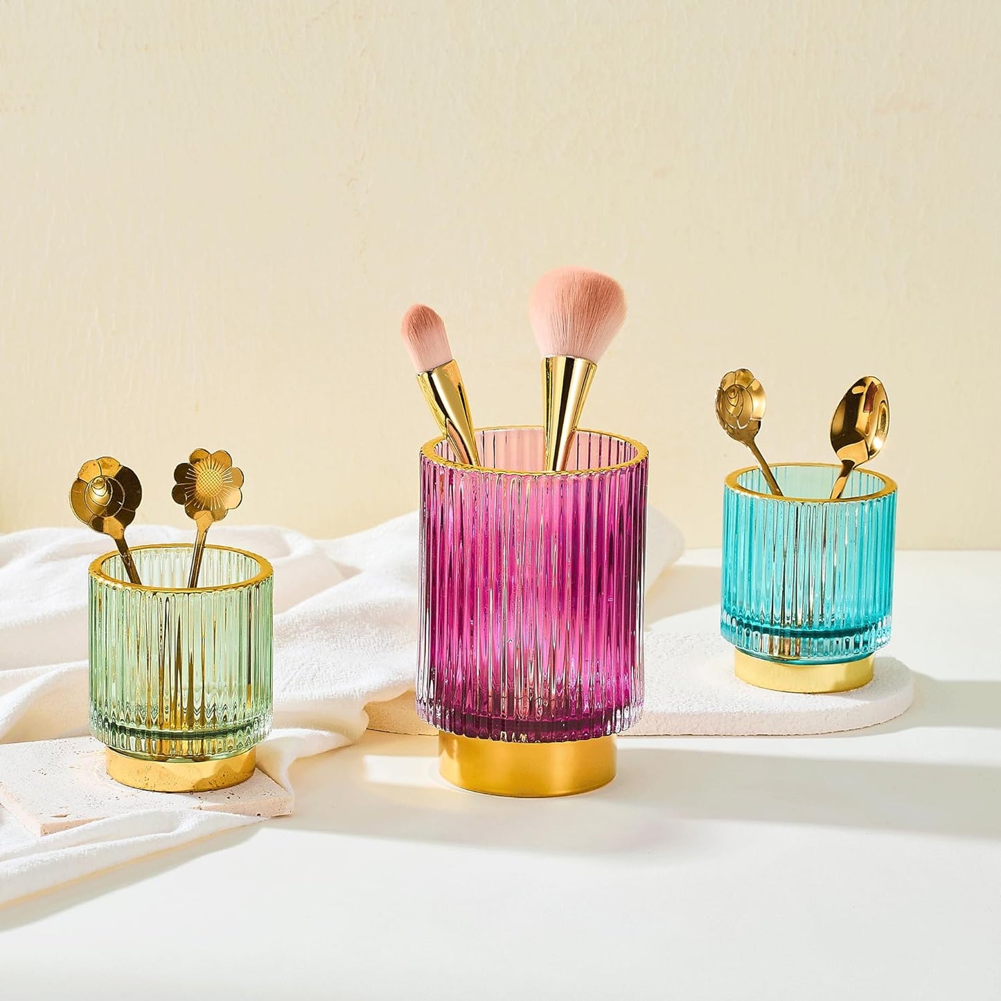 Makeup Brush Holder Organizer,Toothbrush Holders,Desk Pen Pencil Holder,Multifunctional Vintage Glass Brush Cup（L/Green/A3-6-US）