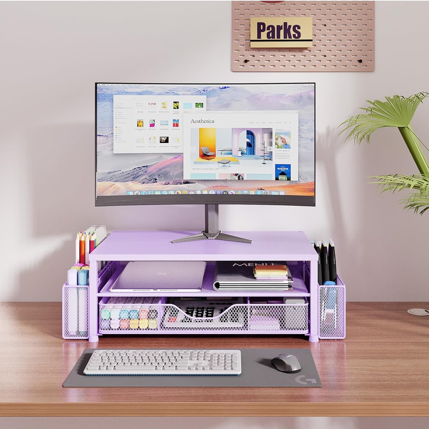 OPNICE Desk Organizer and Accessories, 2-Tier Computer Monitor Stand Riser with Drawer and 2 Pen Holders, Laptop Stand, Office Desk Accessories for Office Supplies, Black