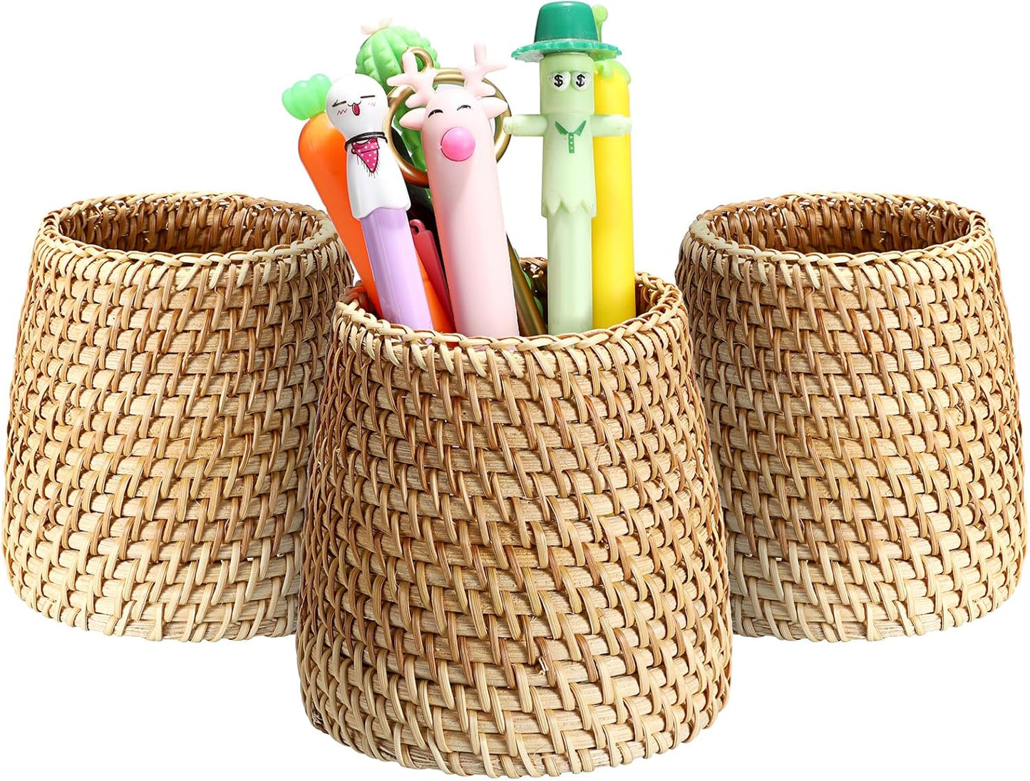 BTSKY Rattan Pen Cup, Handmade Desk Pencil Holders Makeup Brush Holder Multi-Functional Woven Basket Office&Home Desktop Organizer(Cone)