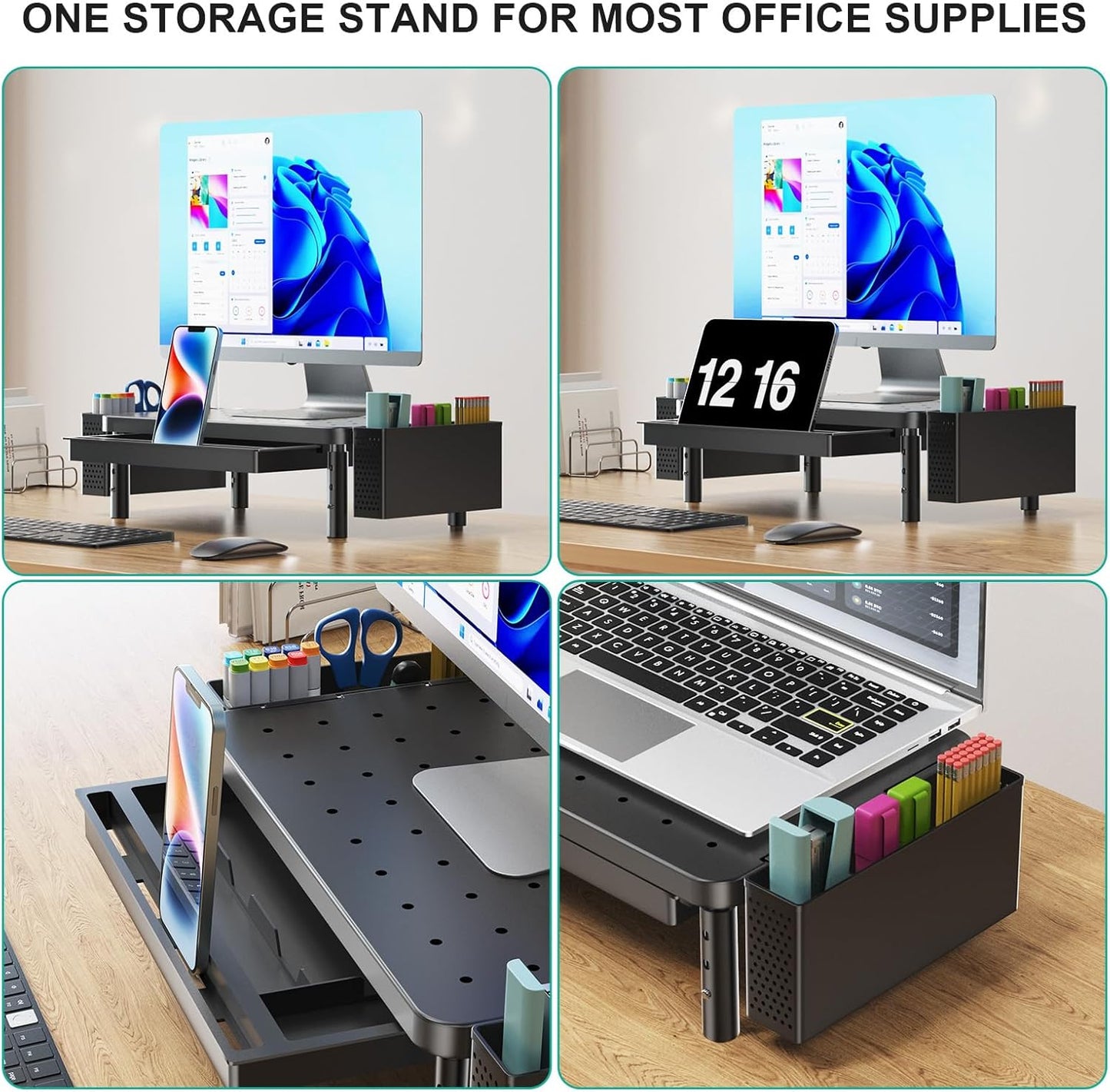 WALI Computer Monitor Stand with Storage, Desk Monitor Riser 3 Height Adjustable, Laptop Riser with Airflow Vents, Desk Organizer for Computer, Laptop, Printer (PTT002-B), 1 Pack, Black