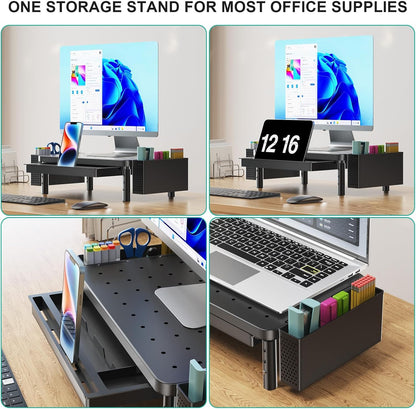WALI Computer Monitor Stand with Storage, Desk Monitor Riser 3 Height Adjustable, Laptop Riser with Airflow Vents, Desk Organizer for Computer, Laptop, Printer (PTT002-B), 1 Pack, Black
