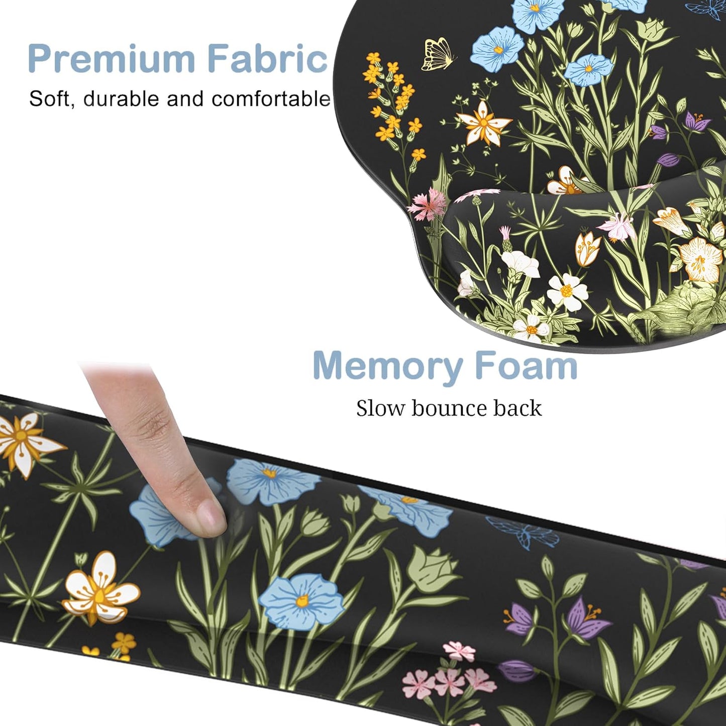 Ergonomic Mouse Pad with Wrist Rest and Keyboard Wrist Rest, Memory Foam Wrist Rest for Computer Keyboard, Easy Typing, Pain Relief, Mouse Pad Wrist Support for Gaming,Office, Laptop, Black Flower