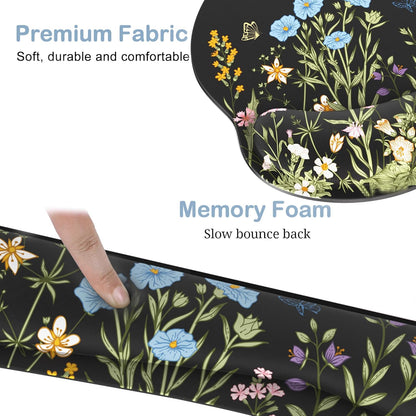 Ergonomic Mouse Pad with Wrist Rest and Keyboard Wrist Rest, Memory Foam Wrist Rest for Computer Keyboard, Easy Typing, Pain Relief, Mouse Pad Wrist Support for Gaming,Office, Laptop, Black Flower