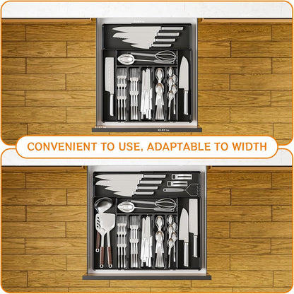 Yieach Clear Expandable Silverware Drawer Organizer - Adjust From 11'' to 22'' - Knife,Cutlery,Spoons and Forks Organizer,Large 8 Grid Flatware,Silverware Tray,Utensil Organizer for Kitchen Drawers
