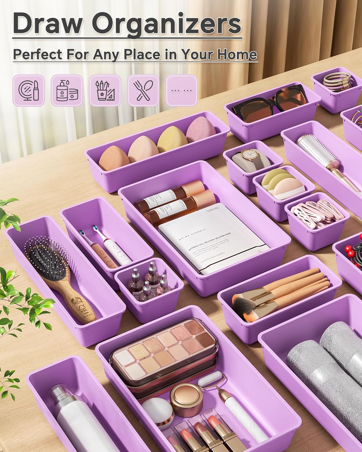 KEMETHY 25 PCS Plastic Drawer Organizers Set, 4 Sizes Vanity Organizer, Makeup and Desk Drawer Organizer Trays, Organization and Storage for Makeup, Bathroom, Kitchen Utensils and Office (Black)
