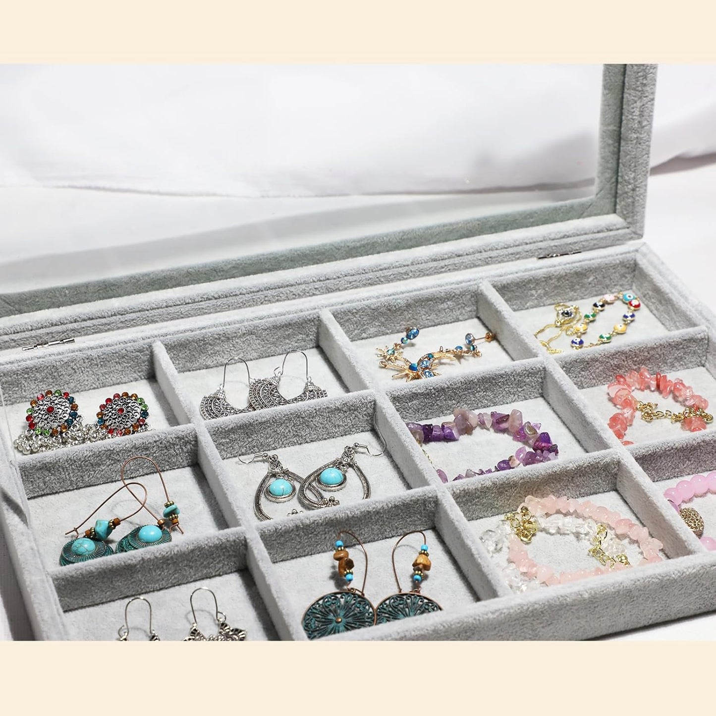 Stratalife Jewelry Organizer Bracelet Organizer Storage Box 12 Grid Stackable Jewelry Tray with Lid Velvet Jewelry Box for Drawer Necklace Bracelet Display Storage Organizer Box (Beige)
