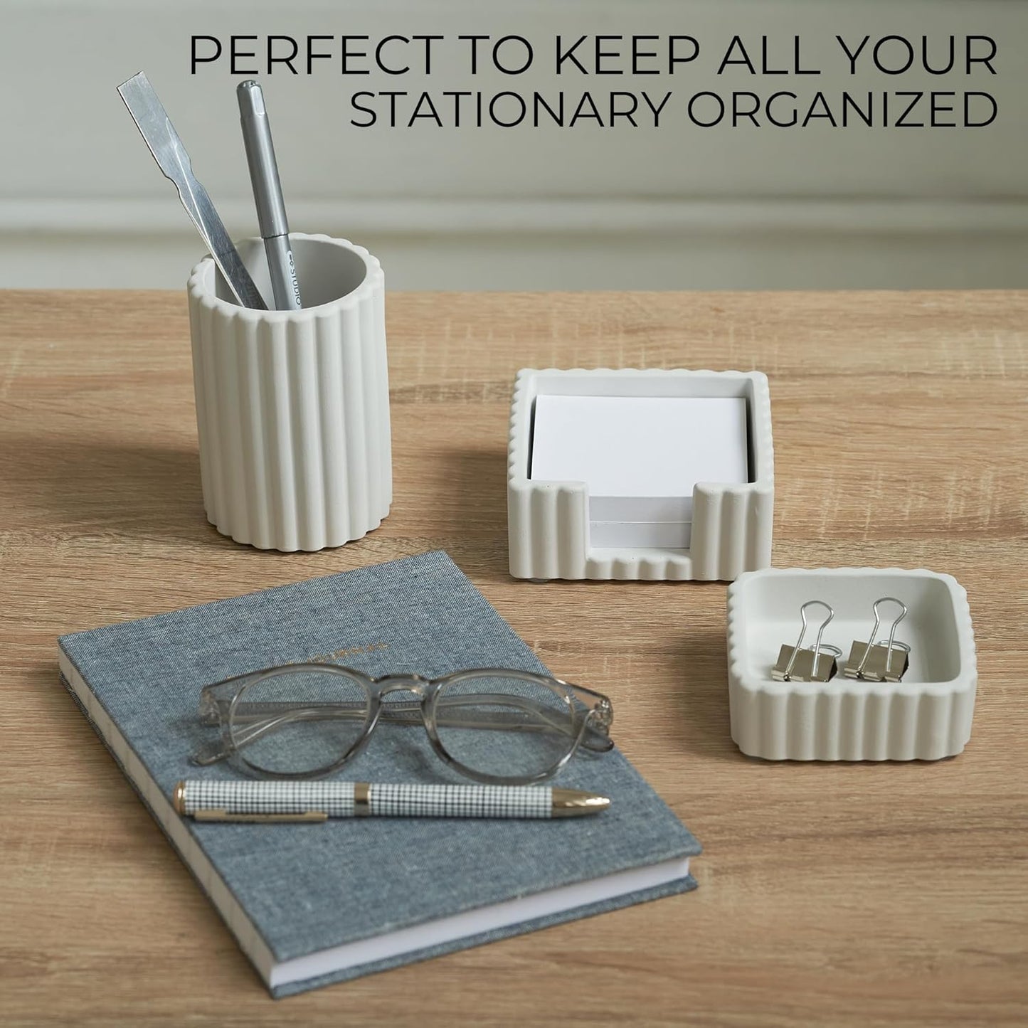 KIBAGA Modern Aesthetic Desk Accessories Set of 3 - Stylish Concrete Organizers for Pens & Office Supplies - A Cute and Functional Addition to Your Workspace Decor