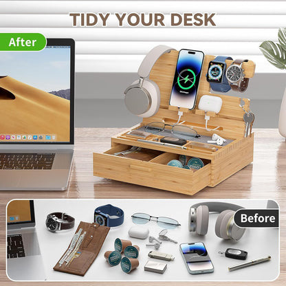 Pezin & Hulin Wooden Charging Station, Bedside Nightstand Tray, with Spacious Drawer, Felt Pads for Phones, Watch, Idea Gifts for Him Birthday, Son, Christmas for Papa Fathers Day (Nature)