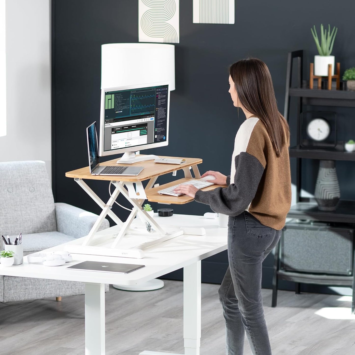 VIVO 26 inch Desk Converter, K Series, Height Adjustable Sit to Stand Riser, Dual Monitor and Laptop Workstation with Keyboard Tray, Black, DESK-V026KB