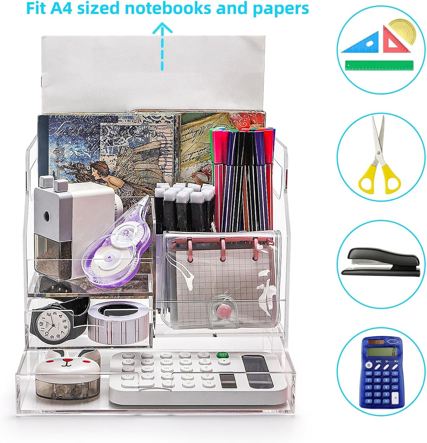 Cididu Acrylic Desk Organizer, Clear Desktop Storage with 2 Drawers for Office Supplies, Pen Holder, Stationery Caddy, Makeup Brushes, 7 Compartments Aesthetic Transparent Organizer for Home School