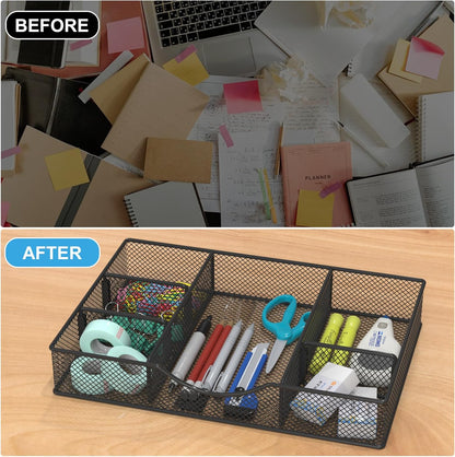 VyGrow Desk Drawer Organizer Tray, Metal Mesh Drawer Organizers Office, 6 Adjustable Compartment, Desk Organizer Tray for Home Office 12.87L x 8.73D x 1.96H inch, Black, 1PC Medium