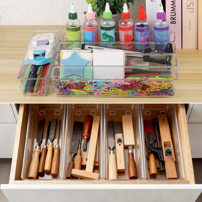 Ohlove 6 Pcs Large Clear Plastic Drawer Organizers Tray 15" x 6.3" Storage Bins with 25 Pcs Non-Slip Pads for Makeup, Jewelries, Kitchen Utensils, Bathroom and Office