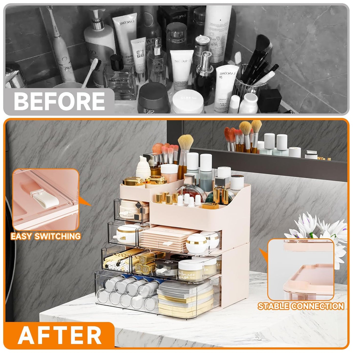 White Makeup Organizer With Drawers,Large Skincare Organizers for Countertop,Desk,Dresser,Plastic Bathroom Counter Organizer for Brush,Palettes,Perfume,Beauty Products Organization,Skin Care Storage