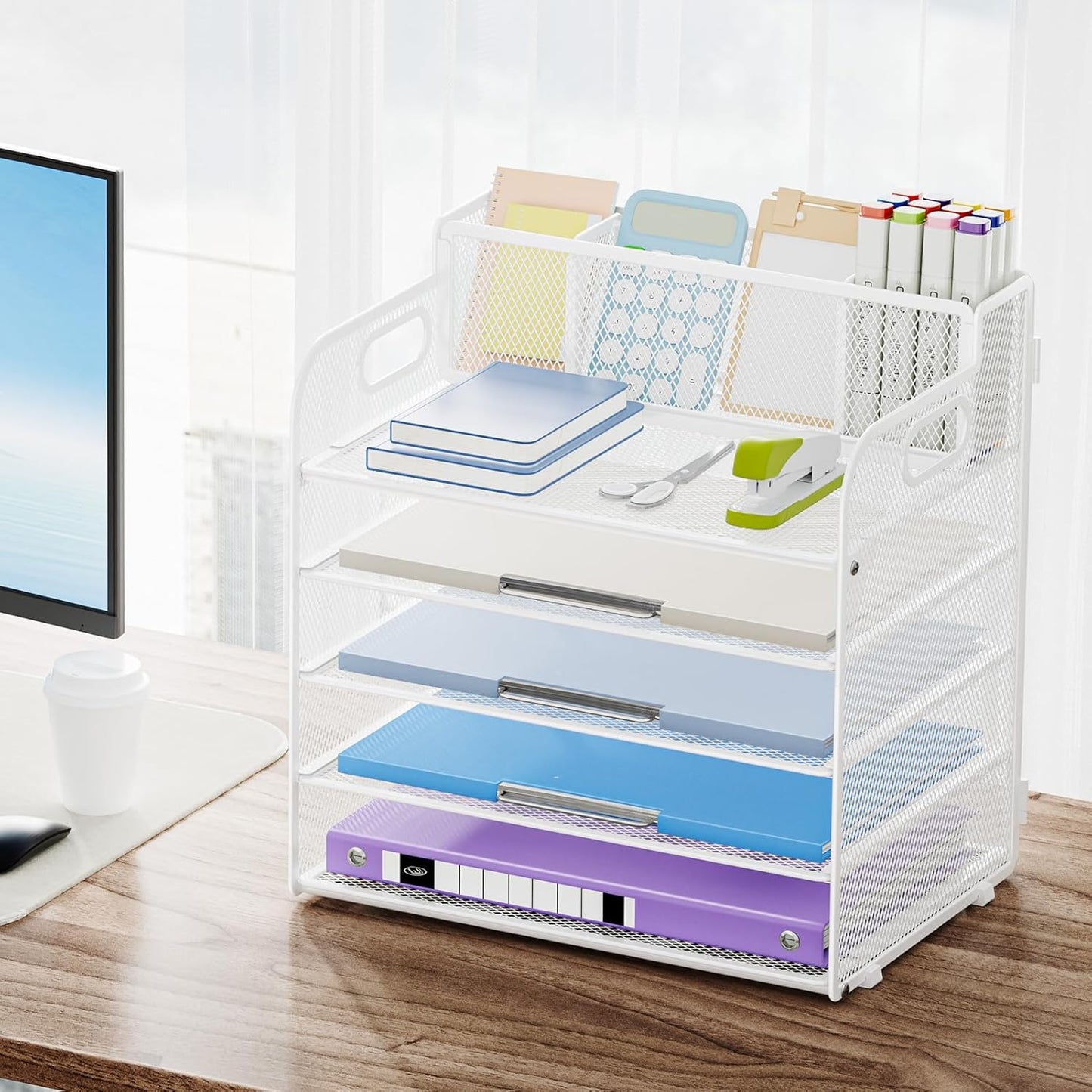 Marbrasse 5-Tier Letter Tray Paper Organizer with Handle, Multi-Functional Mesh File Organizer for Desk, Adjustable Compartments Mesh Desktop Storage for Office Supplies,Black
