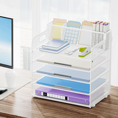 Marbrasse 5-Tier Letter Tray Paper Organizer with Handle, Multi-Functional Mesh File Organizer for Desk, Adjustable Compartments Mesh Desktop Storage for Office Supplies,Black