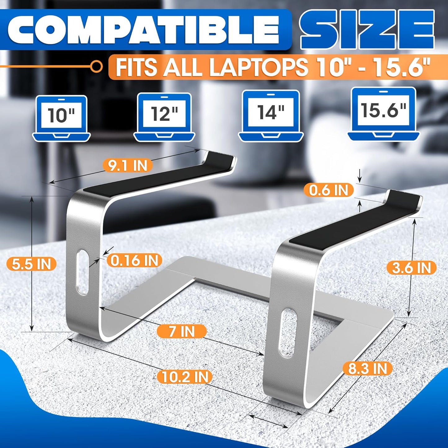 Portable Laptop Stand for Desk – Ergonomic, Sturdy Aluminium Laptop Riser for Desk with Anti-Slip Bottom, Compatible for 10-15.6′′ Notebook - Improved Cooling, Comfort, Productivity, and Posture