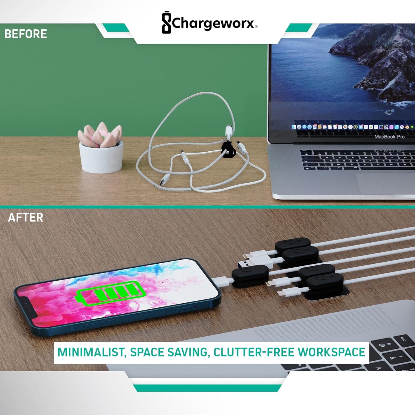 CHARGEWORX Pack of 5 Magnetic Cable Clips, Adhesive Cord Organizer for Desk, Nightstand, Wall or Car, Wire Holder for USB-C, Lightning and Micro-USB Cables