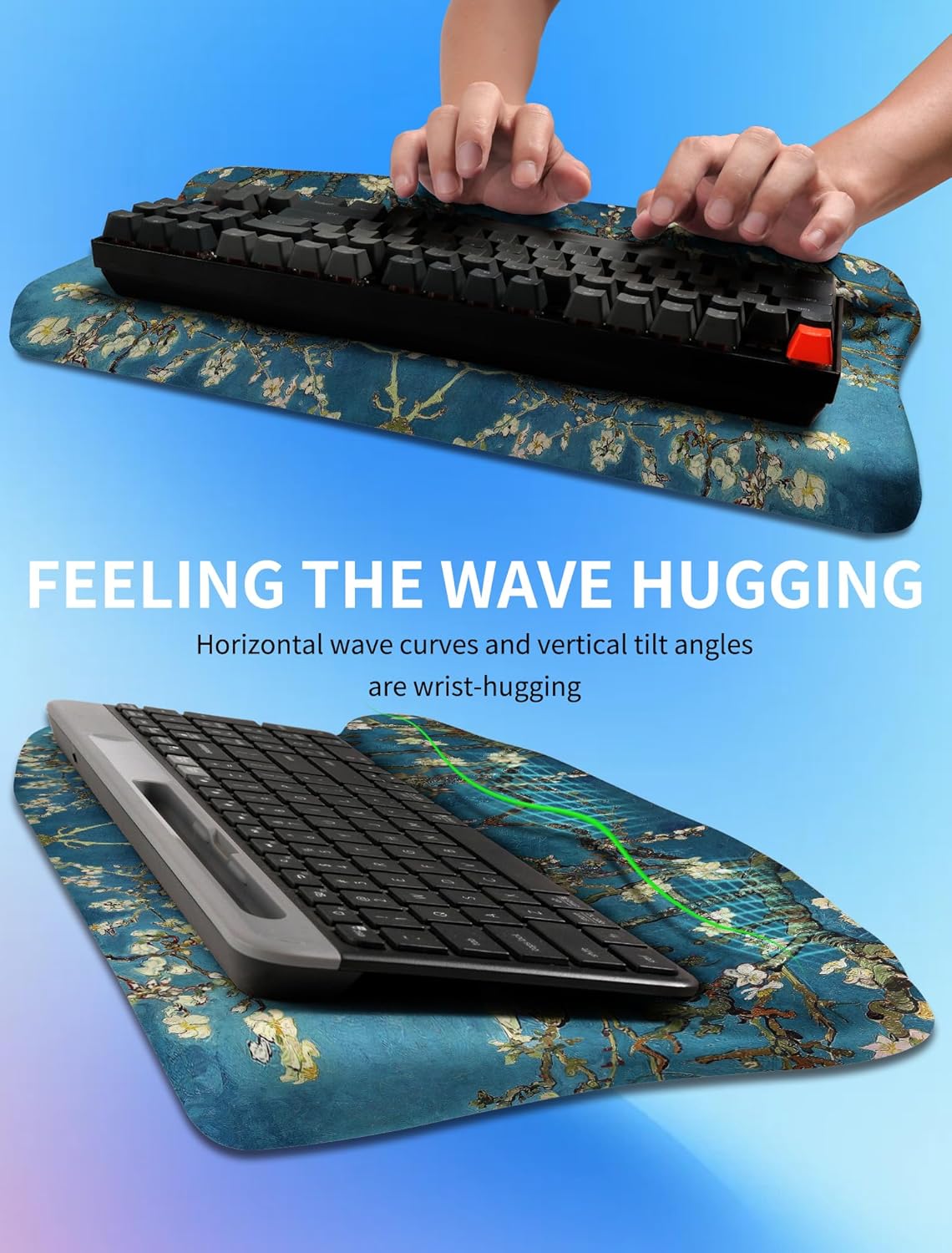Ergonomic Wave Wrist Rest with Keyboard Stand, Cushioned Palm Rest, Comfortable Integrated Memory Foam for Natural Typing and Relieve Wrist Pain, Dark Night Black