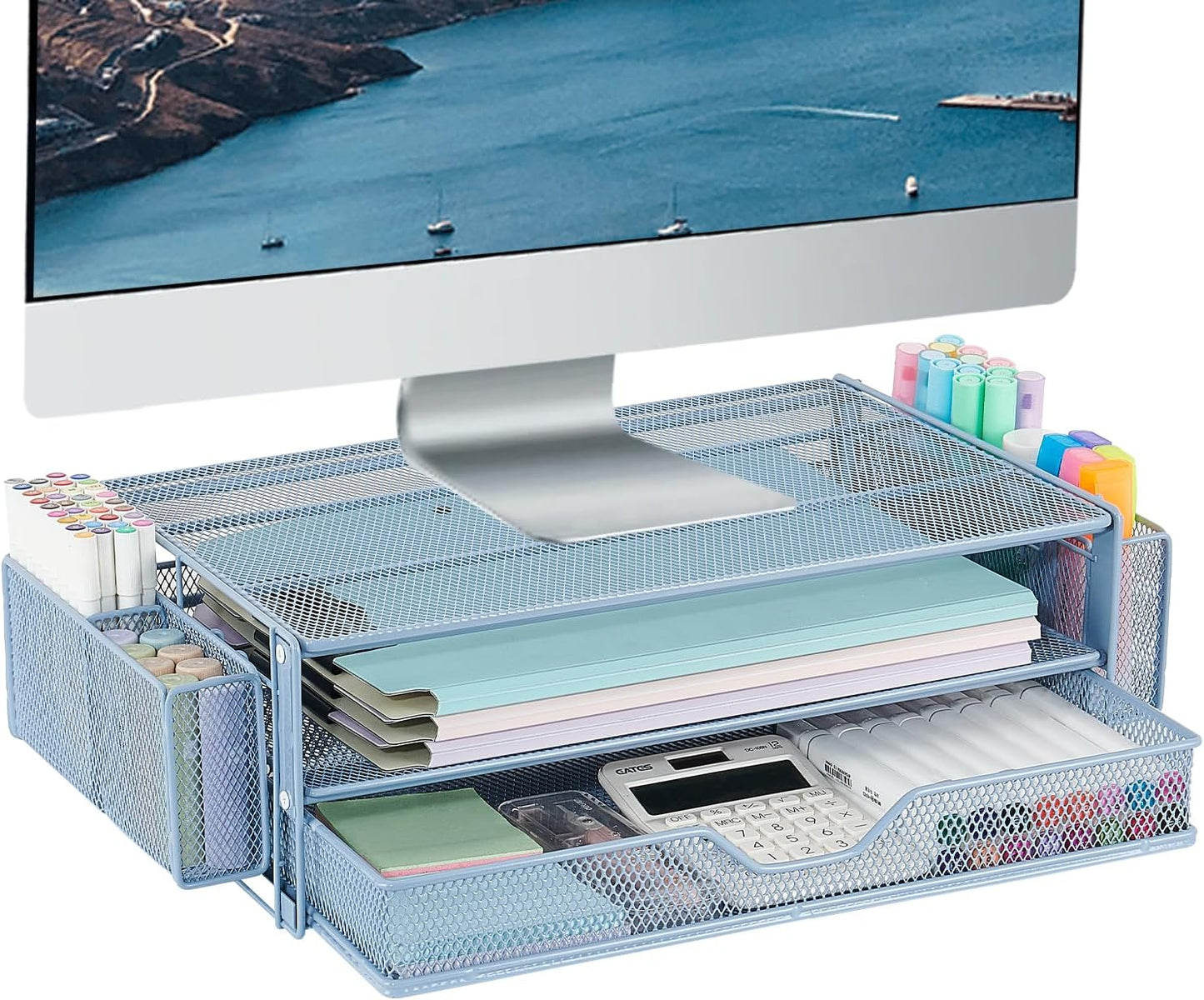 AUPSEN Wood Desk Organizers and Accessories, 2-Tier Computer Monitor Stand Riser with Drawer, Pen Storage & Phone Holder, Office Desk Accessories, Workspace Desktop Organization for Office Supplies（Brown）