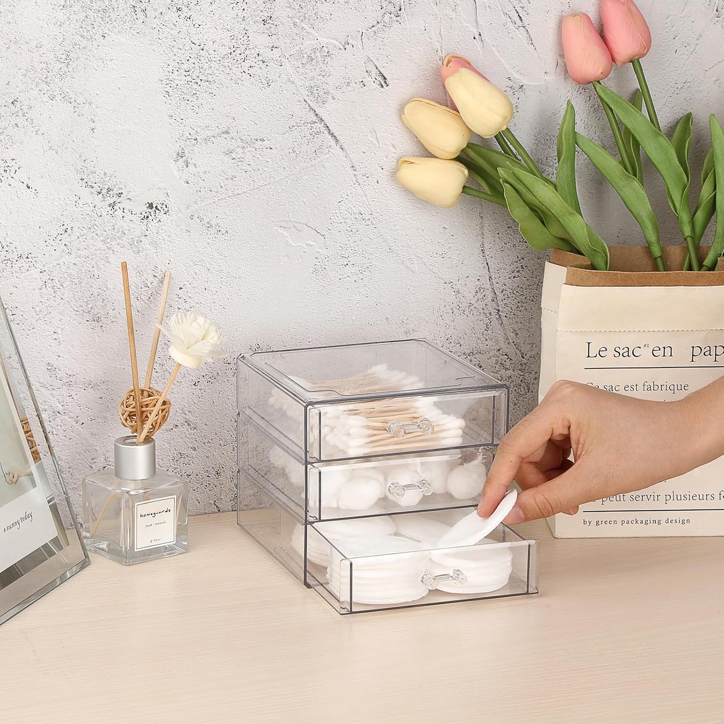 BTSKY Clear Acrylic Storage Organizer with Drawers, 3-Layer Desktop Organizer for Office Essentials, Multi-Purpose Stackable Container for Bathroom Vanity, Desk Makeup Jewelry Container Storage Box