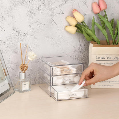 BTSKY Clear Acrylic Storage Organizer with Drawers, 3-Layer Desktop Organizer for Office Essentials, Multi-Purpose Stackable Container for Bathroom Vanity, Desk Makeup Jewelry Container Storage Box