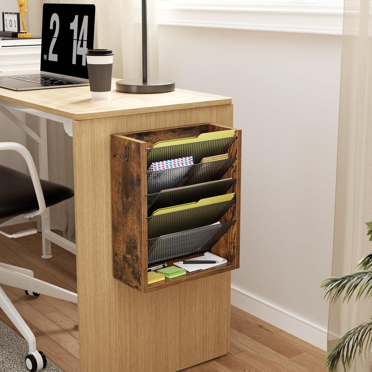 Creso hom Mail Organizer Wall Mounted, 6-Tier Wall File Organizer with 2 Hooks, Wooden Desk Organizer Magazine Holder with Bottom Flat Tray, for Office Home, Rustic Brown