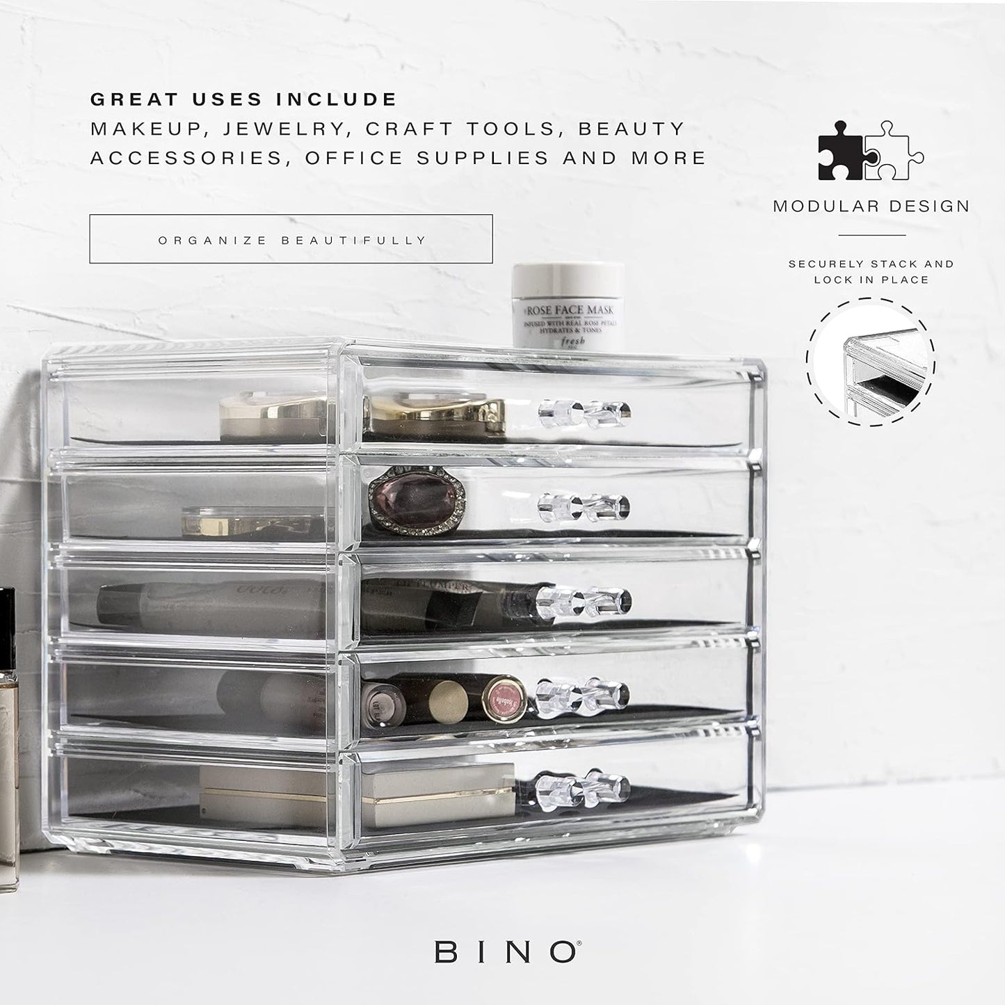 BINO THE MANHATTAN SERIES Acrylic Makeup Drawer Organizer- 3 Drawer Small | Clear Beauty Organizers and Storage| Cosmetic & Makeup Drawer| Home Organization| Jewelry & Vanity Accessories Drawer