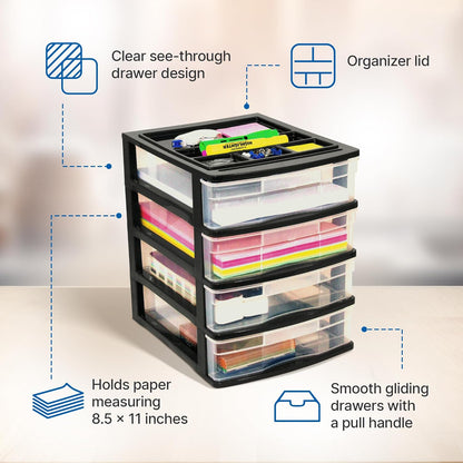 Gracious Living 4 Drawer Desktop & Countertop Organizer w/Organization Lid for Craft Storage, Office Supplies & School Supplies, Black/Clear (2 Pack)