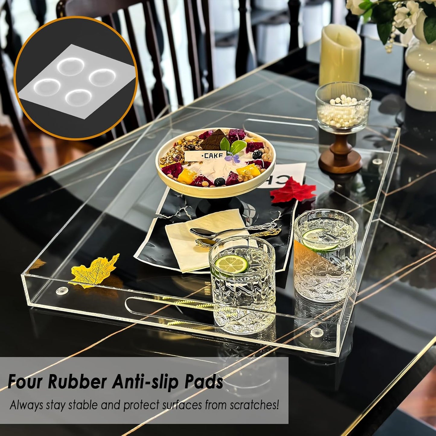 2 Pack Serving Tray with Handles, Clear Acrylic Tray for Serving Food, Large Outdoor Food Trays for Eating, Lucite Acrylic Trays for Appetizer, Pizza, Fruit and Drinks, Unbreakable, 16"×12"