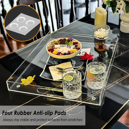 2 Pack Serving Tray with Handles, Clear Acrylic Tray for Serving Food, Large Outdoor Food Trays for Eating, Lucite Acrylic Trays for Appetizer, Pizza, Fruit and Drinks, Unbreakable, 16"×12"