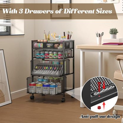 Rolling Utility Cart with 3 Drawers, Craft Organizer and Storage with DIY Divider, Lockable Wheels, Multi-Functional Storage for Art Supplies, Store for Brushes & Paints & Small Parts(Patent Pending)