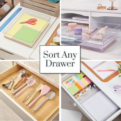 STORi SimpleSort 3-Piece Stackable Clear Drawer Organizer Set | 9" x 6" x 2" Rectangle Trays | Wide Makeup Vanity Storage Bins and Office Desk Drawer Dividers | Made in USA