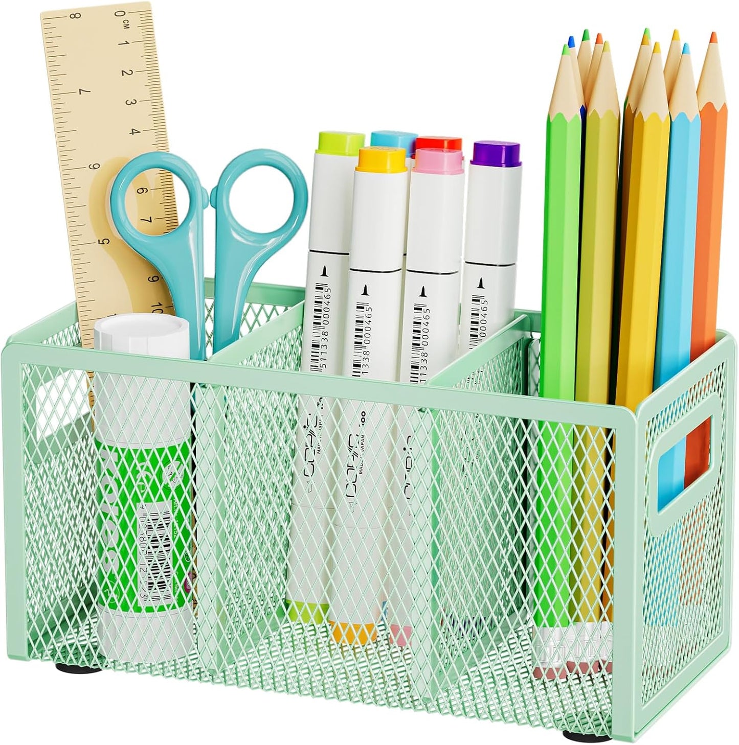 Marbrasse Mesh Pen Holder for Desk,Pencil Holder Desk Organizer 3 Adjustable Compartments,Pencil Cup with Handle Perfect for Classroom, Office, Home,Makeup,Art (Black)