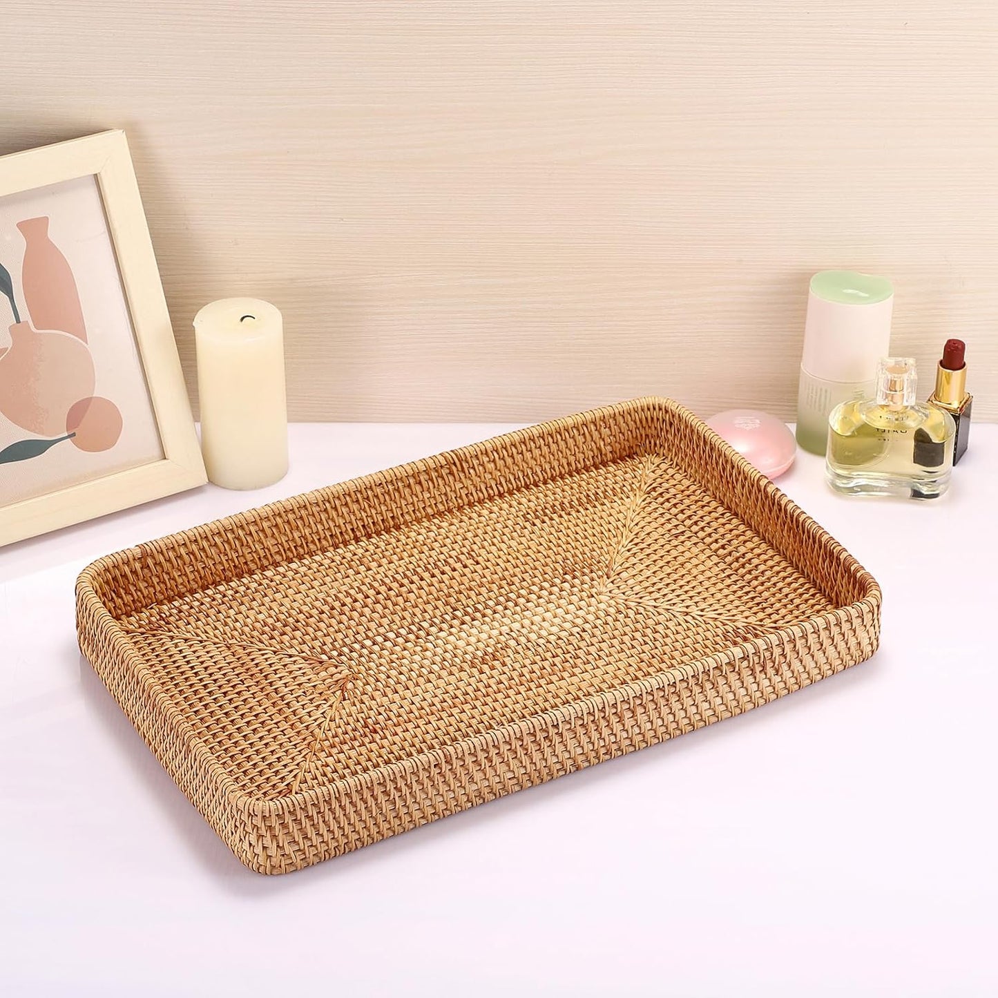 Hipiwe Key Basket Tray for Entryway Table Rattan Serving Tray Handwoven Wicker Baskets Vanity Trays Square Decorative Fruit Trays for Kitchen Counter Bedside Living Room Bathroom, 8.1"