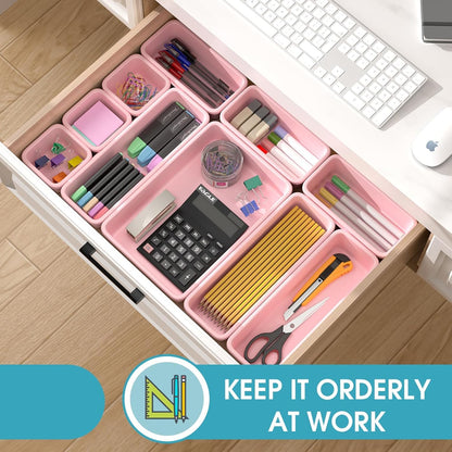 StoreHappily 10 PCS Drawer Organizer Set, 4 Size Makeup Drawer Divider Organizer With Non-Slip Pads, Interlocking Plastic Storage Bins for Office,Jewelry Vanity,Gadgets, Bathroom,Kitchen, Black