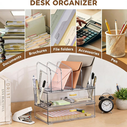 LALOBLUE Acrylic Desk Organizer with Drawer and Vertical File Holder, Desk Organizers and Accessories, Multi-Functional Office Supplies Organizer for Home or Work Desk, White